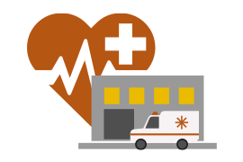 Imagen representando el sector de salud con ambulancia frente hospital y corazón saludable desplegado al fondo